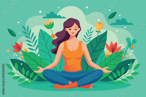 Wallpaper Mural A woman sits in a meditative pose surrounded by lush greenery and vibrant flowers, representing peace and tranquility. Torontodigital.ca