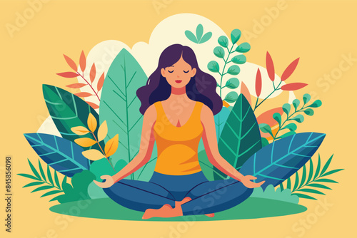 An illustration of a woman meditating in a peaceful garden setting, surrounded by lush green leaves and foliage.
