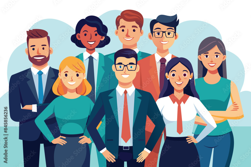 A group of diverse business professionals, all smiling and looking confident, are working together in an office setting. A group of diverse business professionals, all smiling and looking confident, are working together in an office setting.