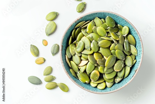 Wallpaper Mural Top view horizontal image of white background with a bowl of pumpkin seeds Torontodigital.ca