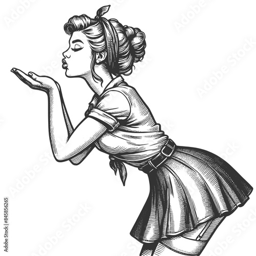 pin-up girl playfully blowing air kiss, perfect for romantic themes sketch engraving generative ai fictional character vector illustration. Scratch board imitation. Black and white image.