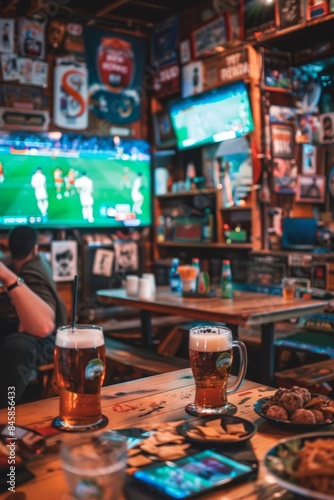 Sports Bar Scene with Fans and Live Match Stats blurred background of t.v. match screen