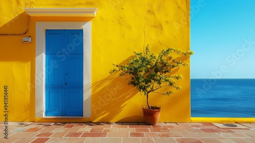 Beautiful yellow house with Blue door overlooking sea