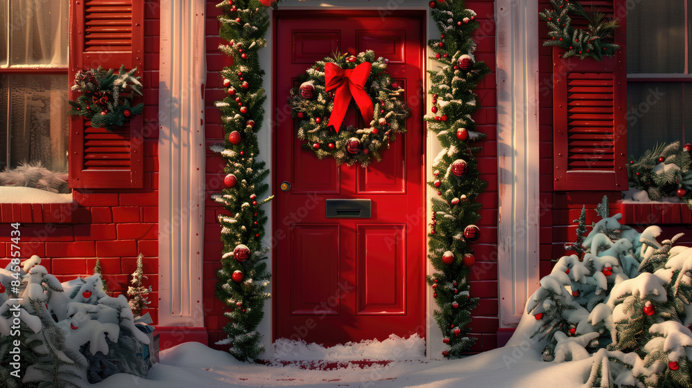 AI Generated. AI Generative. Xmas merry christmas new year decoration decor background of house home front door porch with garland and holiday decor. Winter family celebration vibe. Graphic Art AI Generated. AI Generative. Xmas merry christmas new year decoration decor background of house home front door porch with garland and holiday decor. Winter family celebration vibe. Graphic Art