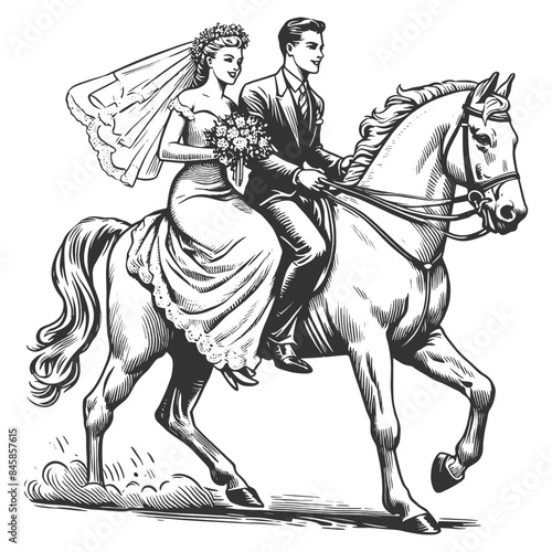 bride and groom in traditional wedding attire riding a horse romantic moment sketch engraving generative ai fictional character vector illustration. Scratch board imitation. Black and white image.