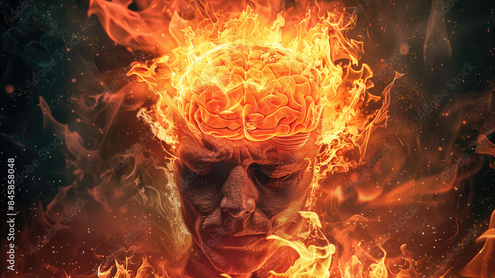 abstract human brain neurology concept burning head symbolizing stress headache and migraines with strong emotional impact digital illustration abstract human brain neurology concept burning head symbolizing stress headache and migraines with strong emotional impact digital illustration