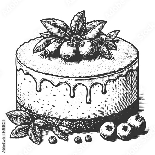 cheesecake topped with berries and leaves, showcasing a detailed vintage dessert design sketch engraving generative ai vector illustration. Scratch board imitation. Black and white image.