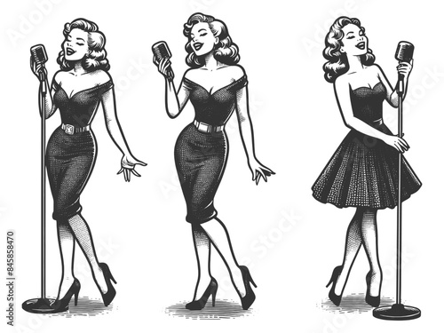 three vintage female singers in classic attire, performing with microphone, retro style sketch engraving generative ai fictional character vector illustration. Black and white image.