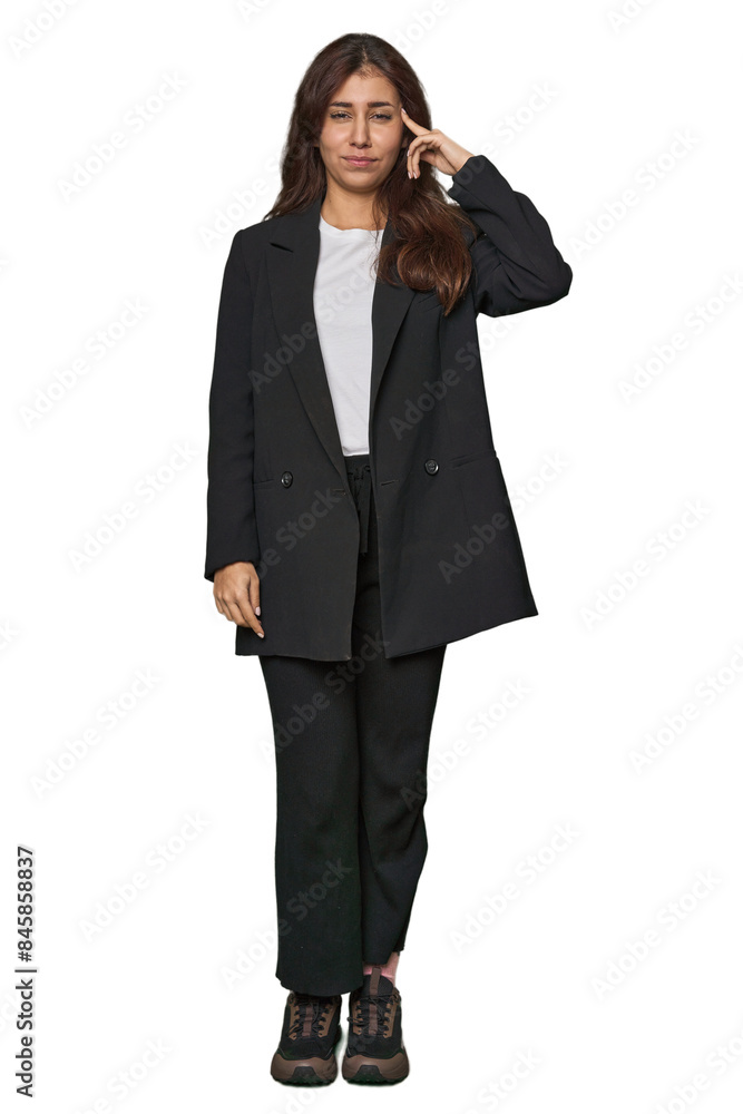 Middle Eastern in business attire pointing temple with finger, thinking, focused on a task. Middle Eastern in business attire pointing temple with finger, thinking, focused on a task.