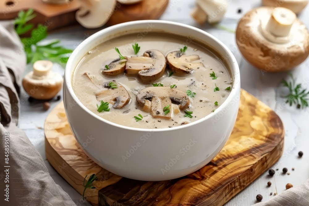 Top view of creamy mushroom soup on white wooden board Top view of creamy mushroom soup on white wooden board