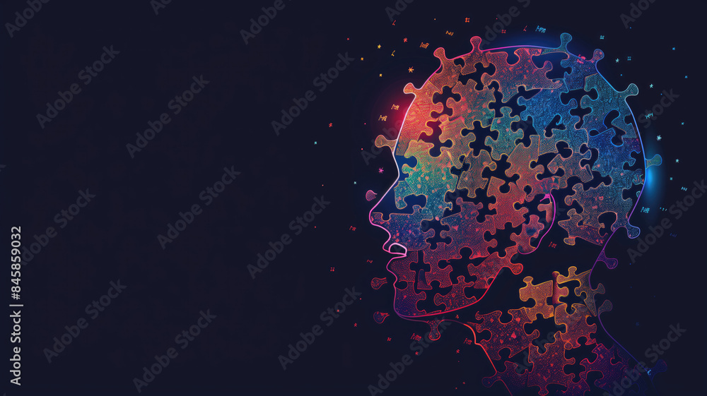 Human head profile and jigsaw puzzle, cognitive psychology or psychotherapy concept, mental health, brain problem, personality disorder, vector line design, Created using generative AI tools Human head profile and jigsaw puzzle, cognitive psychology or psychotherapy concept, mental health, brain problem, personality disorder, vector line design, Created using generative AI tools
