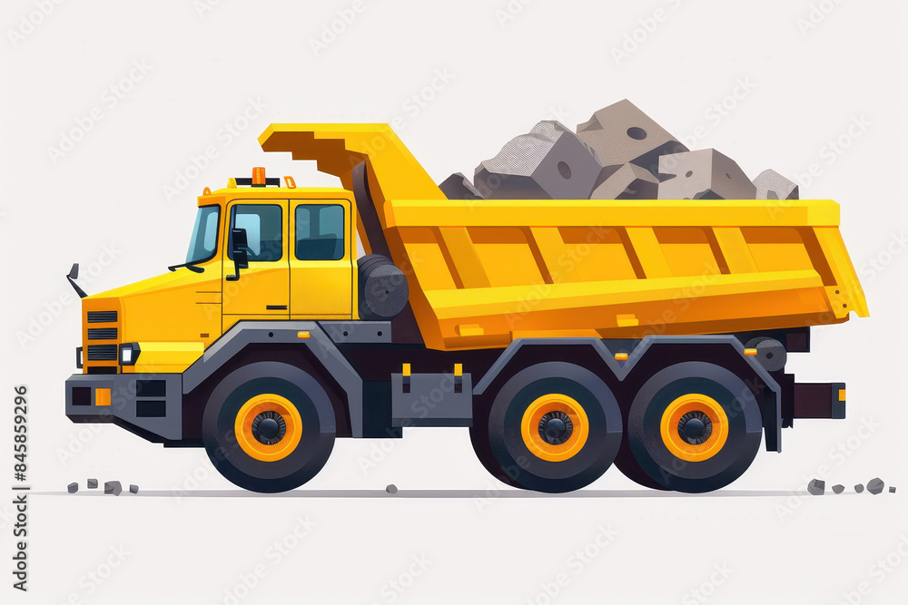 Angle presentation of a yellow dump truck featuring large wheels and a rocky load Angle presentation of a yellow dump truck featuring large wheels and a rocky load