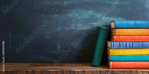 A group of colorful books on a wooden table in the classroom on a blackboard background