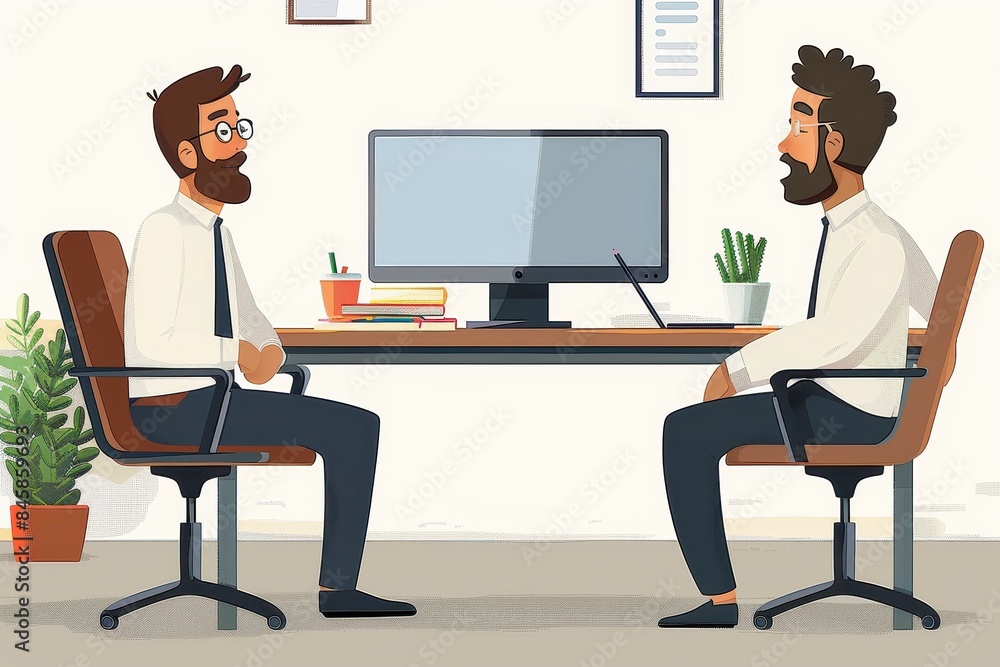 A digitally created image portraying two bearded men in an office setting having a discussion with office decor A digitally created image portraying two bearded men in an office setting having a discussion with office decor