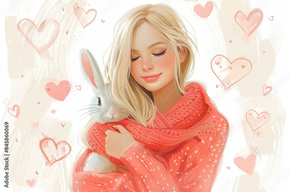 A tranquil digital painting of a girl holding a rabbit, surrounded by hearts, capturing a moment of pure contentment and love A tranquil digital painting of a girl holding a rabbit, surrounded by hearts, capturing a moment of pure contentment and love