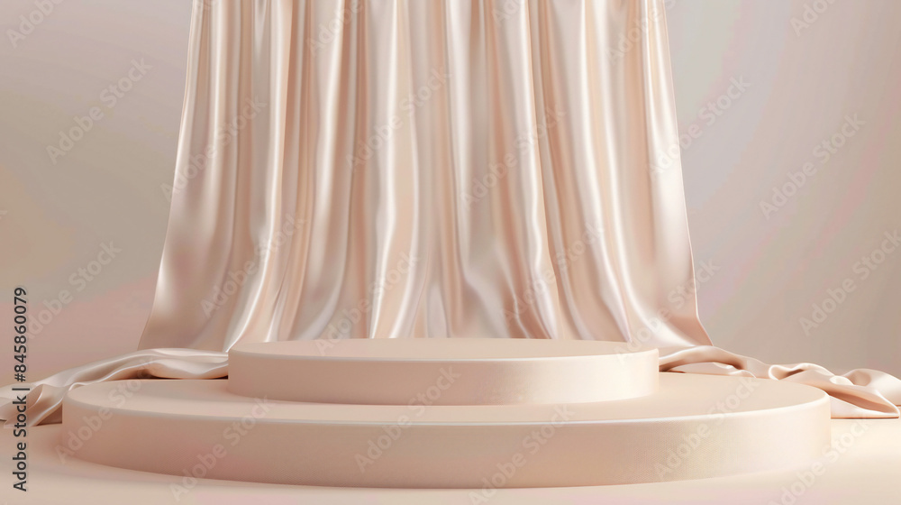 3D display podium, beige background with pedestal color silk cloth curtain. Beauty, cosmetic jewelry product presentation stand. 3D display podium, beige background with pedestal color silk cloth curtain. Beauty, cosmetic jewelry product presentation stand.