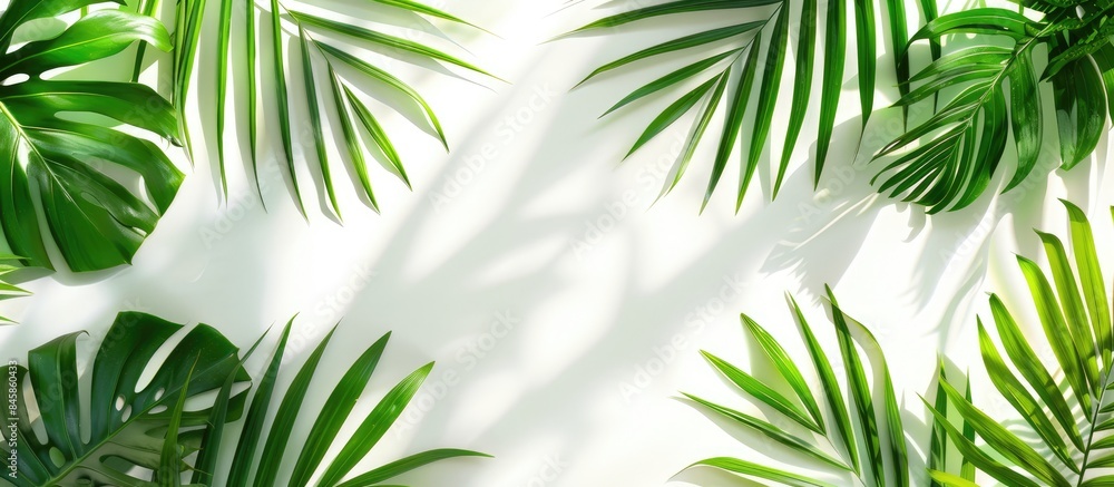 Tropical palm leaves casting shadows on a white background Tropical palm leaves casting shadows on a white background