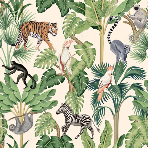 Tiger, African zebra, monkey, lemur animal, cockatoo parrot, banana tree, tropical palm, plant floral seamless pattern white background. Exotic botanical jungle wallpaper.	