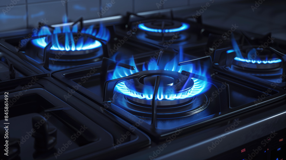 Kitchen gas stove burner with blue flame transparency. Horizontal banner with burning gas stove burner on the kitchen stove. Economic crisis, the cost of gas rising Kitchen gas stove burner with blue flame transparency. Horizontal banner with burning gas stove burner on the kitchen stove. Economic crisis, the cost of gas rising