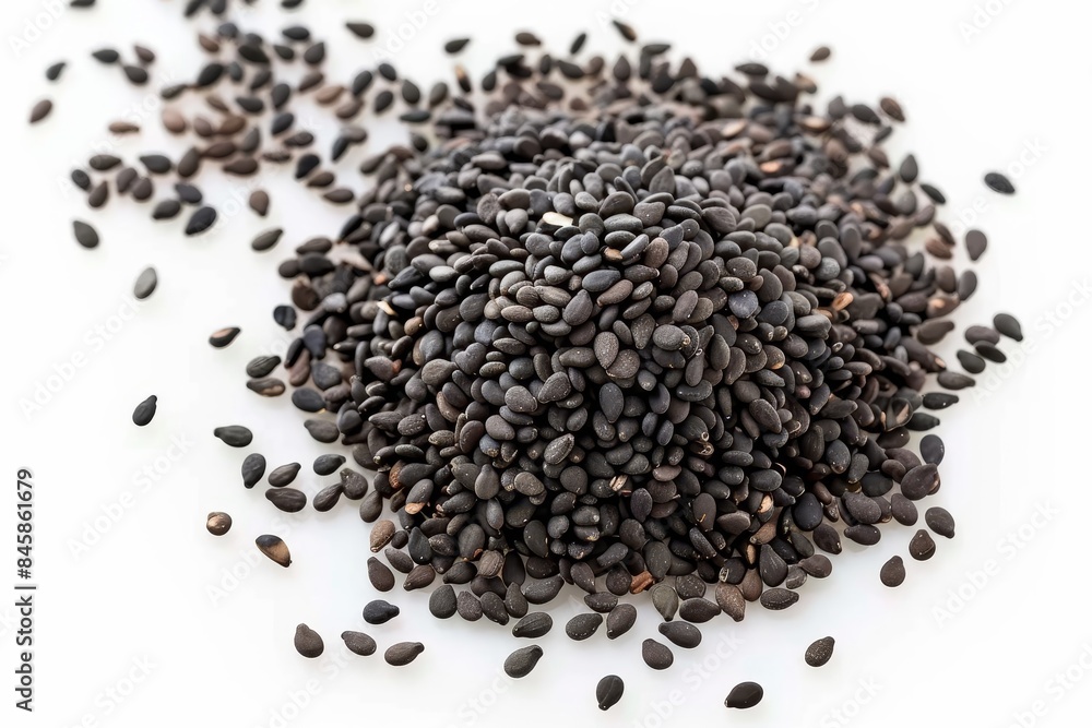 Top view of isolated black sesame seeds on white background Top view of isolated black sesame seeds on white background