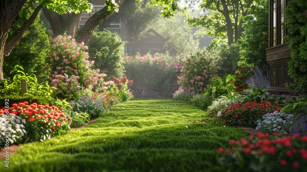 Obraz premium Idyllic English garden with a neatly trimmed lawn, colorful flowers, and dense leafy trees, in a highly photo-realistic style