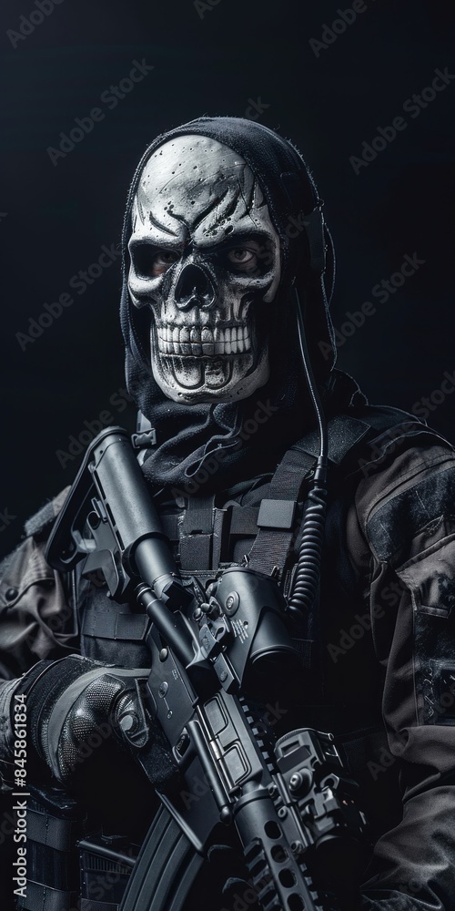 Fototapeta premium Soldier in Skull Mask Holding Rifle. Generative ai