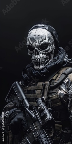 Soldier in Skull Mask Holding Rifle. Generative ai © Scrudje