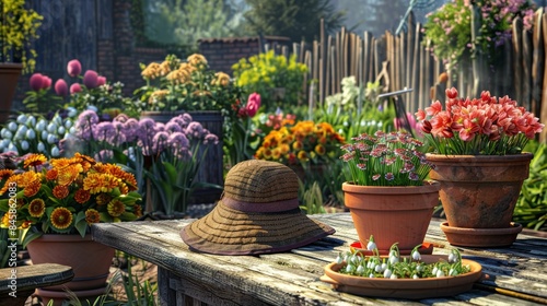 Wallpaper Mural Lush garden scene with vivid potted flowers, a gardener's hat on a rustic table, and spring snowdrops, in a photo-realistic depiction Torontodigital.ca