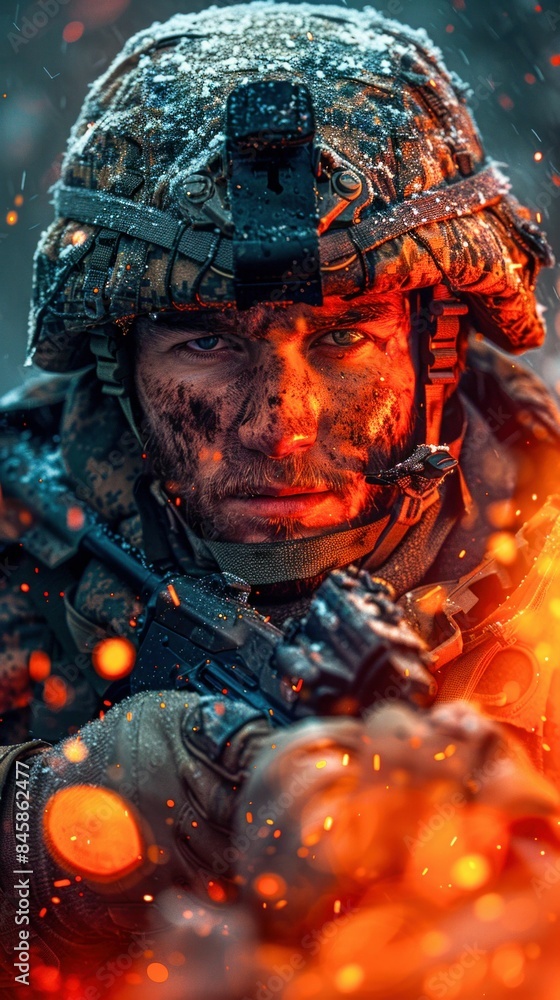 Soldier in Intense Firefight with Flames and Sparks. Generative ai Soldier in Intense Firefight with Flames and Sparks. Generative ai