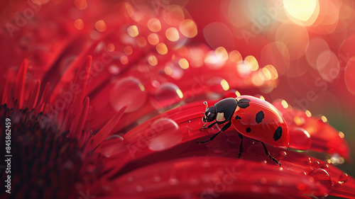 ladybug on red flower petal with water drops close up, A ladybug sitting on a red flower on blurred background