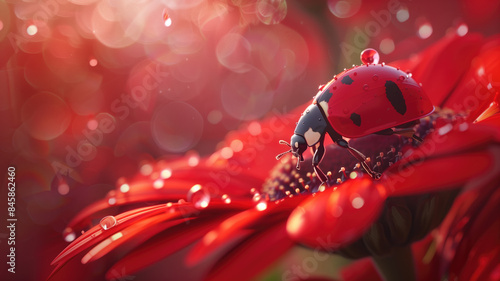ladybug on red flower petal with water drops close up, A ladybug sitting on a red flower on blurred background