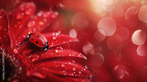 ladybug on red flower petal with water drops close up, A ladybug sitting on a red flower on blurred background