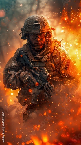 Soldier in Intense Firefight with Flames and Sparks. Generative ai