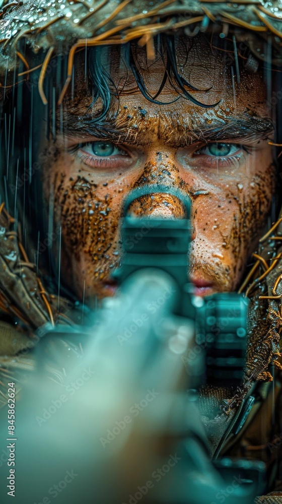 Fototapeta premium Focused Sniper Aiming in the Rain. Generative ai