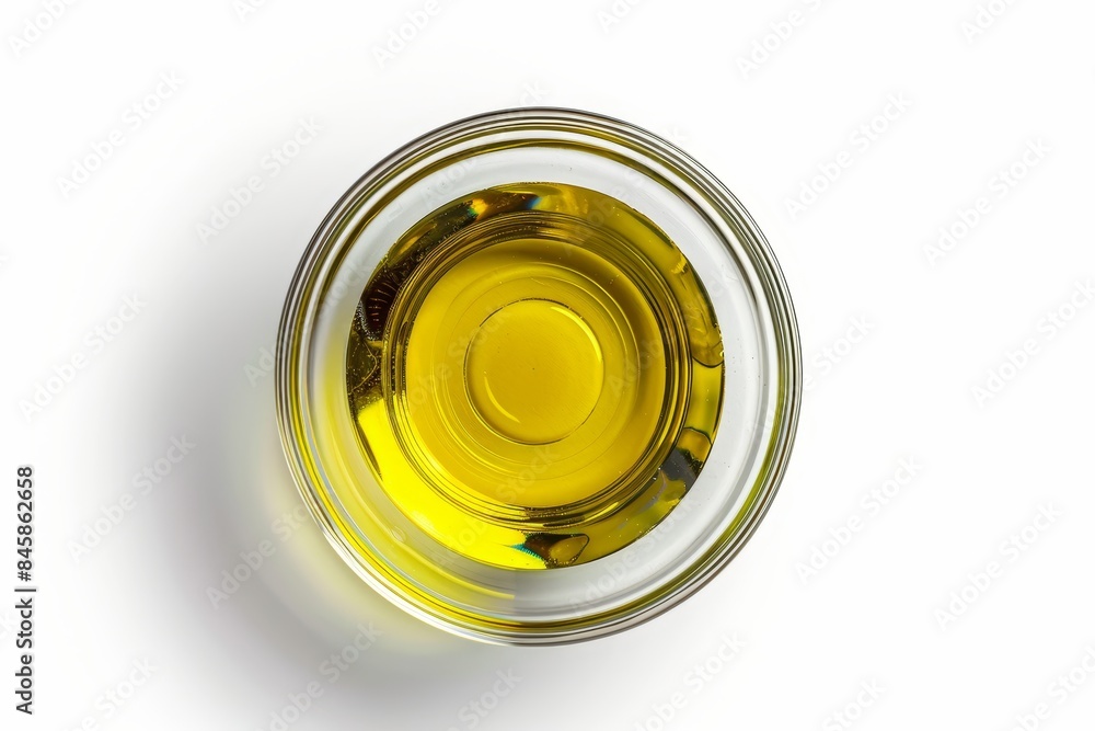 Top view of olive or cooking oil in glass bowl on white background with clipping path Top view of olive or cooking oil in glass bowl on white background with clipping path