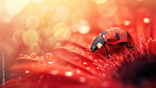 ladybug on red flower petal with water drops close up, A ladybug sitting on a red flower on blurred background