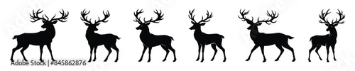 Vector set of six majestic deer silhouettes with large antlers, perfect for wildlife and nature designs