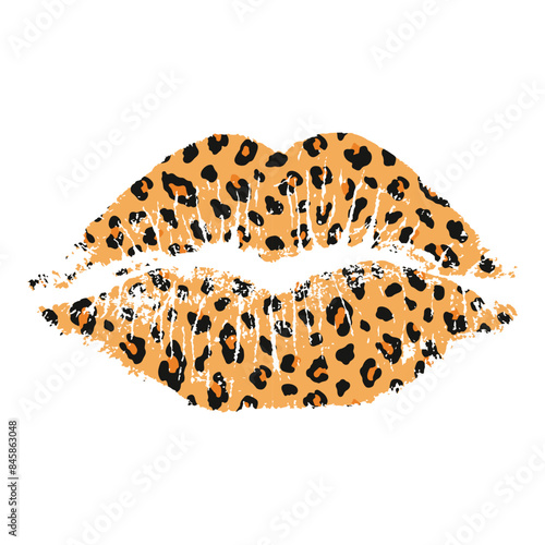 Vector lip imprint with a spotted leopard texture isolated on a white background. Decorative element suitable for various print and design purposes.