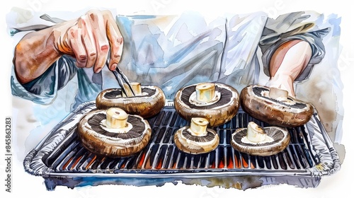 Portobello mushrooms are grilled on a barbecue photo