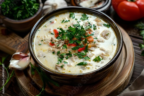 Top view of Romanian chicken soup with cream garlic photo