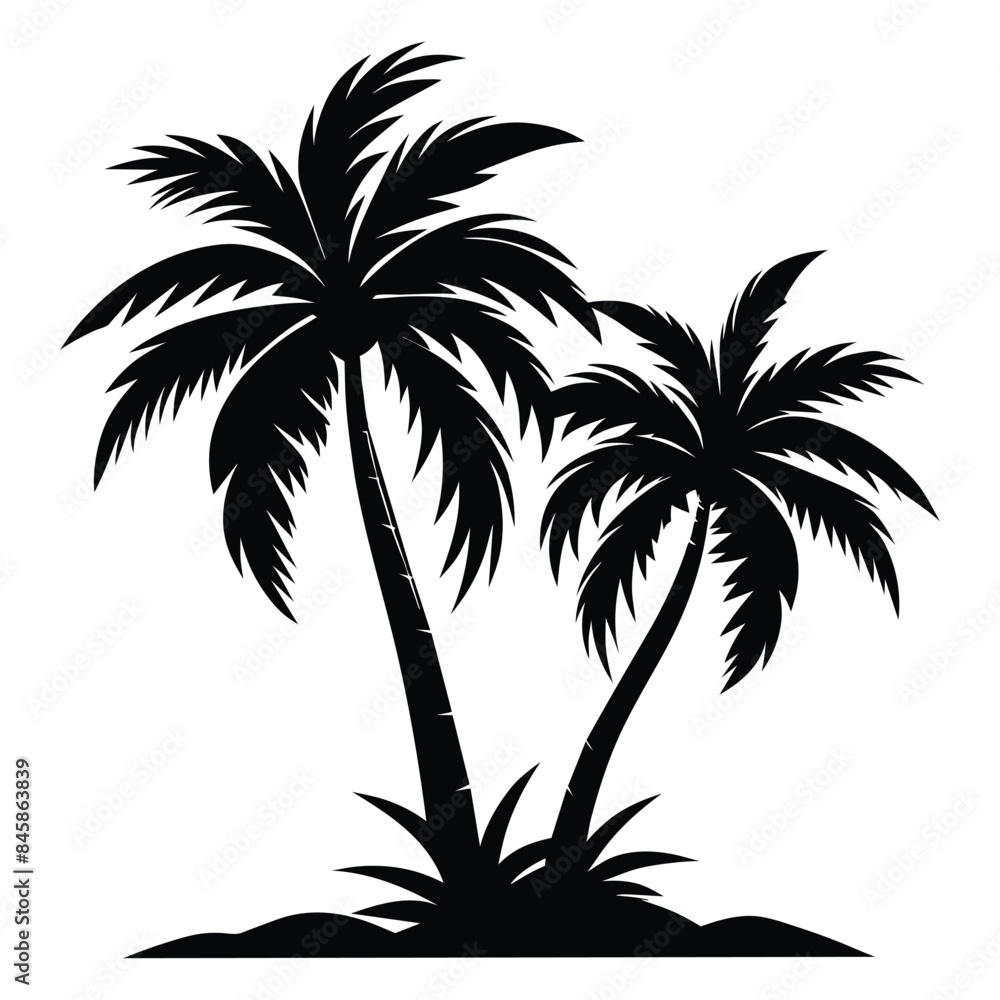 Silhouette of Two Palm Trees on Small Island, Black and White Vector Illustration Silhouette of Two Palm Trees on Small Island, Black and White Vector Illustration