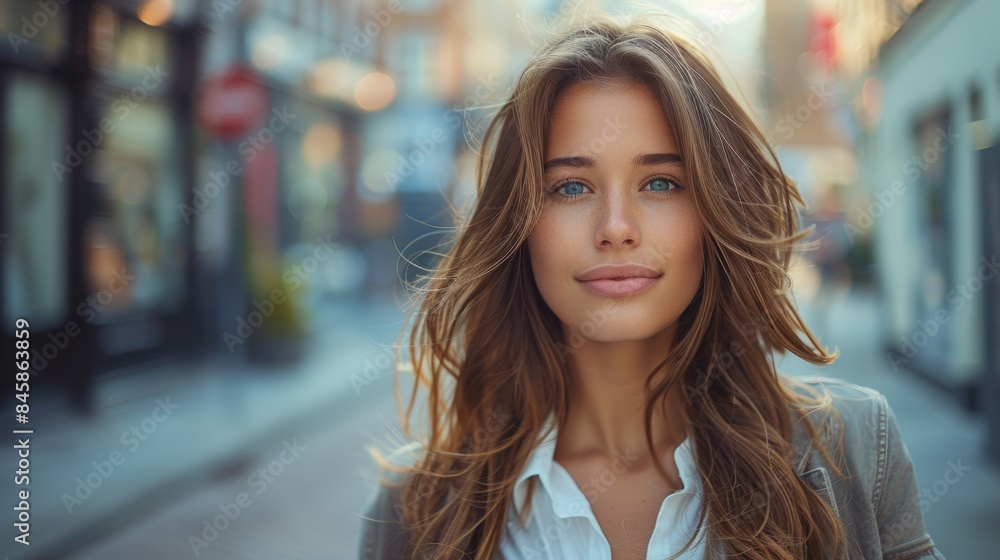 A woman with long brown hair standing in a city street, AI A woman with long brown hair standing in a city street, AI