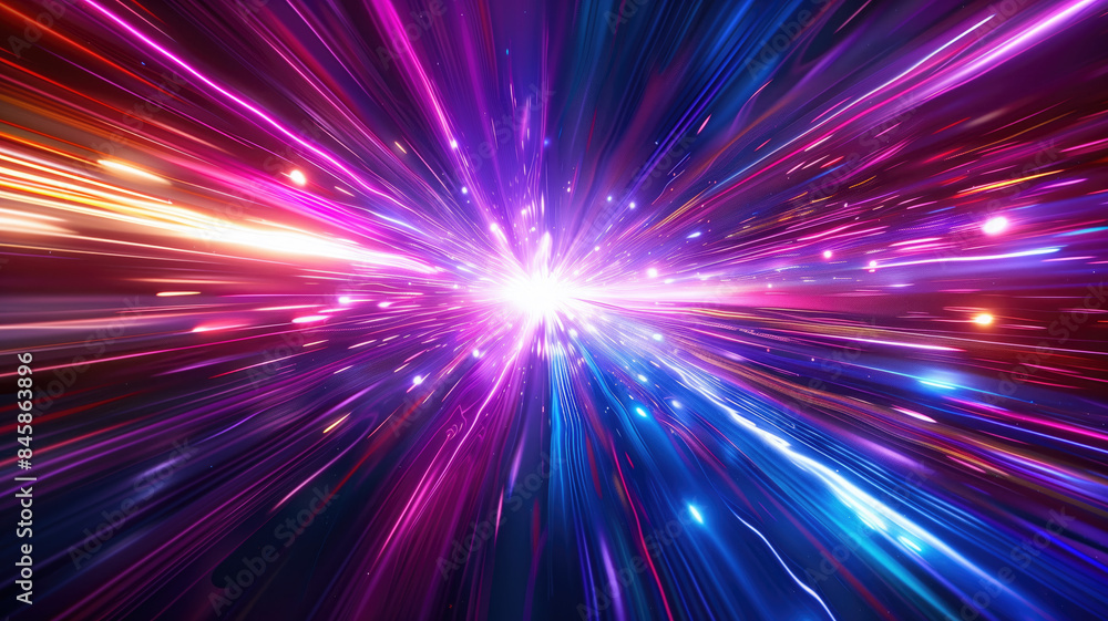 Fototapeta premium Light speed, hyperspace, space warp background. colorful streaks of light gathering towards the event horizon Ai Generated
