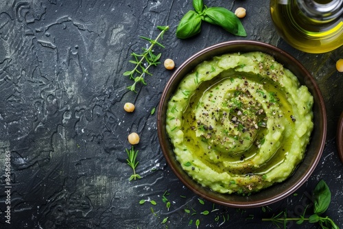 Top view of split pea puree with herbs and olive oil