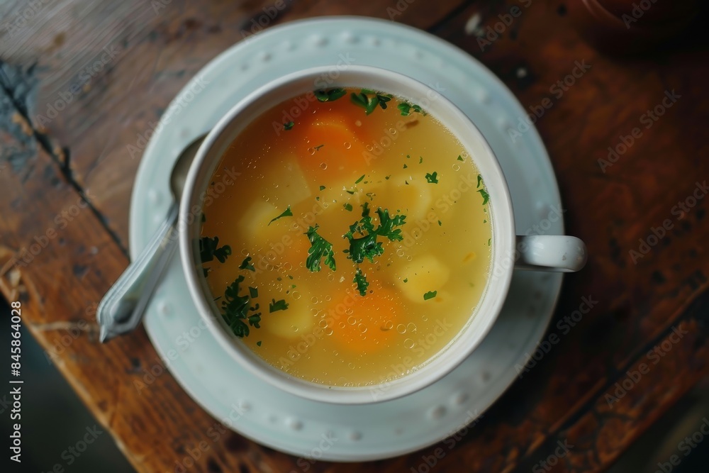 Top view of vegetable chicken broth stock or bouillon Top view of vegetable chicken broth stock or bouillon