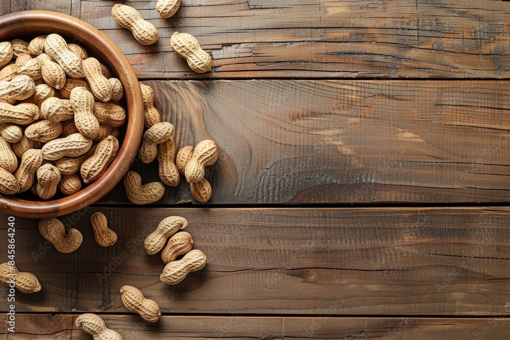Top view of wooden table with peanuts in shell and empty space for text Top view of wooden table with peanuts in shell and empty space for text