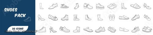 Vector Shoes Icon Pack - 30 Detailed Shoe Outline Icons Set for Fashion and Footwear Design Projects