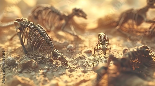 The concept of evolution depicted by a sequence of fossilized remains leading to modern animals