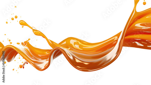 Liquid sweet melted caramel, delicious caramel sauce or maple syrup swirl 3D splash. Yummy sweet caramel sauce or hot syrup twisted. Key visual advertising design elements isolated on white background