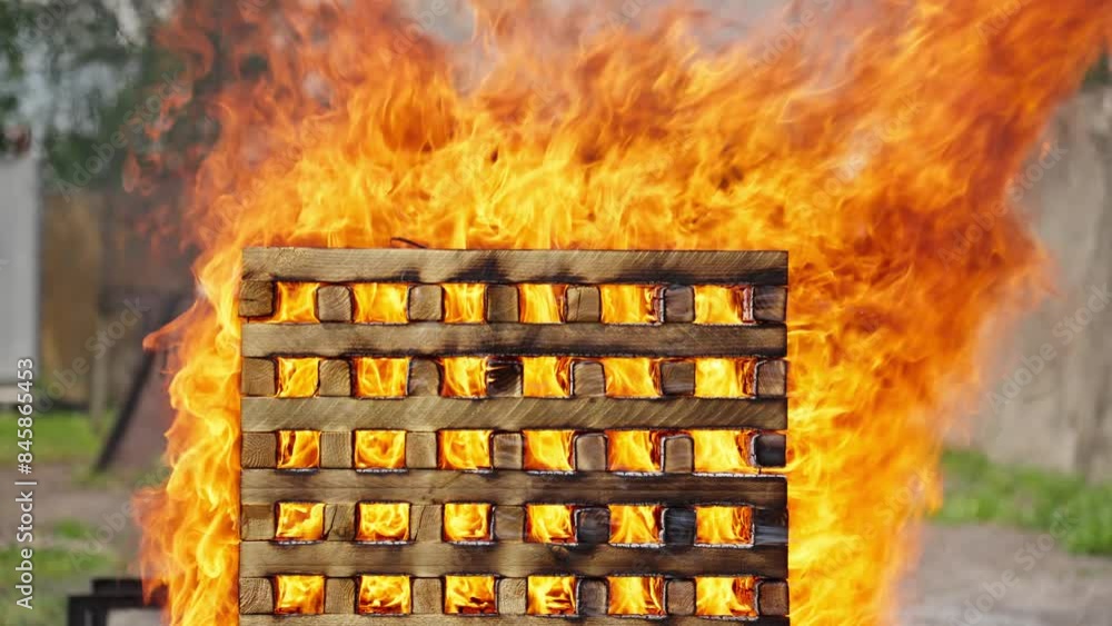Wooden pallet burning in daylight. Flames are fierce and engulf entire ...